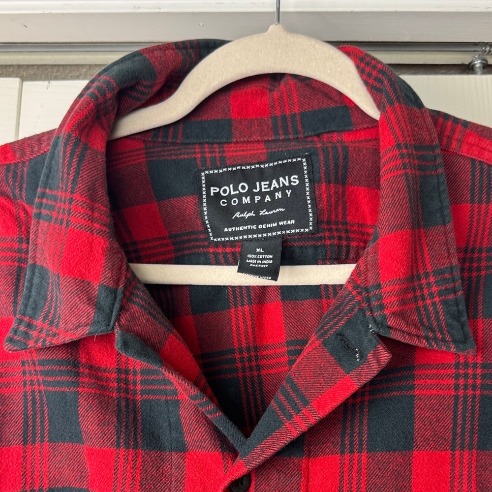 Vintage Polo Jeans Company Red and Black Plaid Men's Shirt - Picture 6 of 13